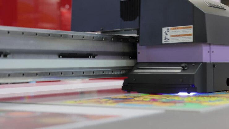 Modern Digital Large format UV printer. Printing production technologies. UV pinning is the process of applying a dose of low intensity ultraviolet light to a UV curable ink