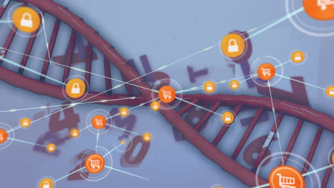 animation of networks of connections and data processing over dna strand on white background