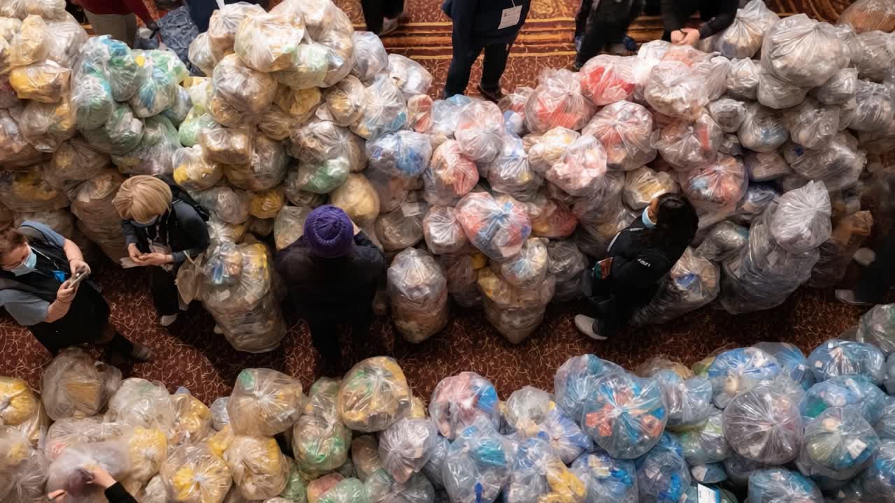An Overhead View of a Gathering Surrounded by Colorful Plastic Bags Piling Up, Highlighting a Community Effort to Tackle Waste and Promote Recycling in a Shared Space