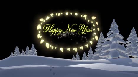 animation of happy new year text over winter scenery