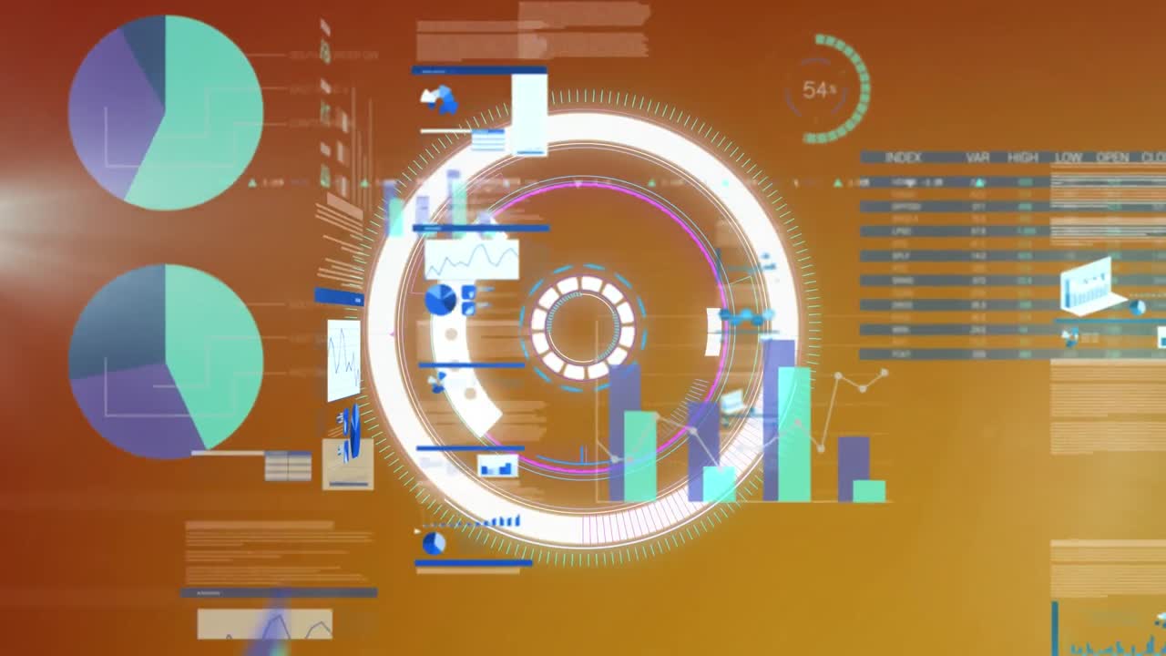 Animation of multiple graphs and trading board over loading circles against gradient background