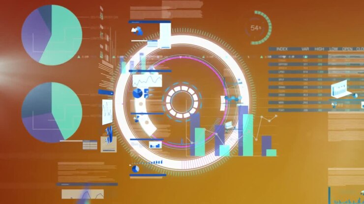 Animation of multiple graphs and trading board over loading circles against gradient background