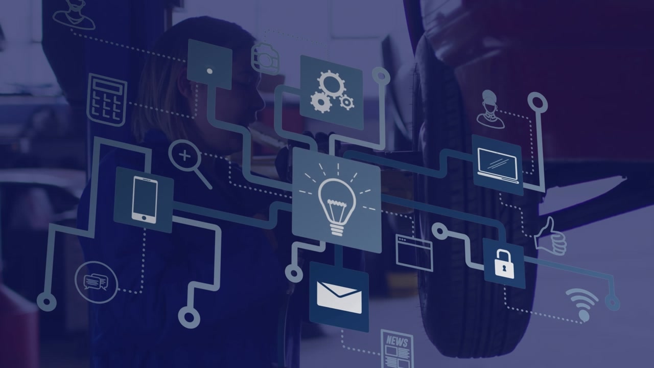 Animation of technology icons over icons and icons on blue background
