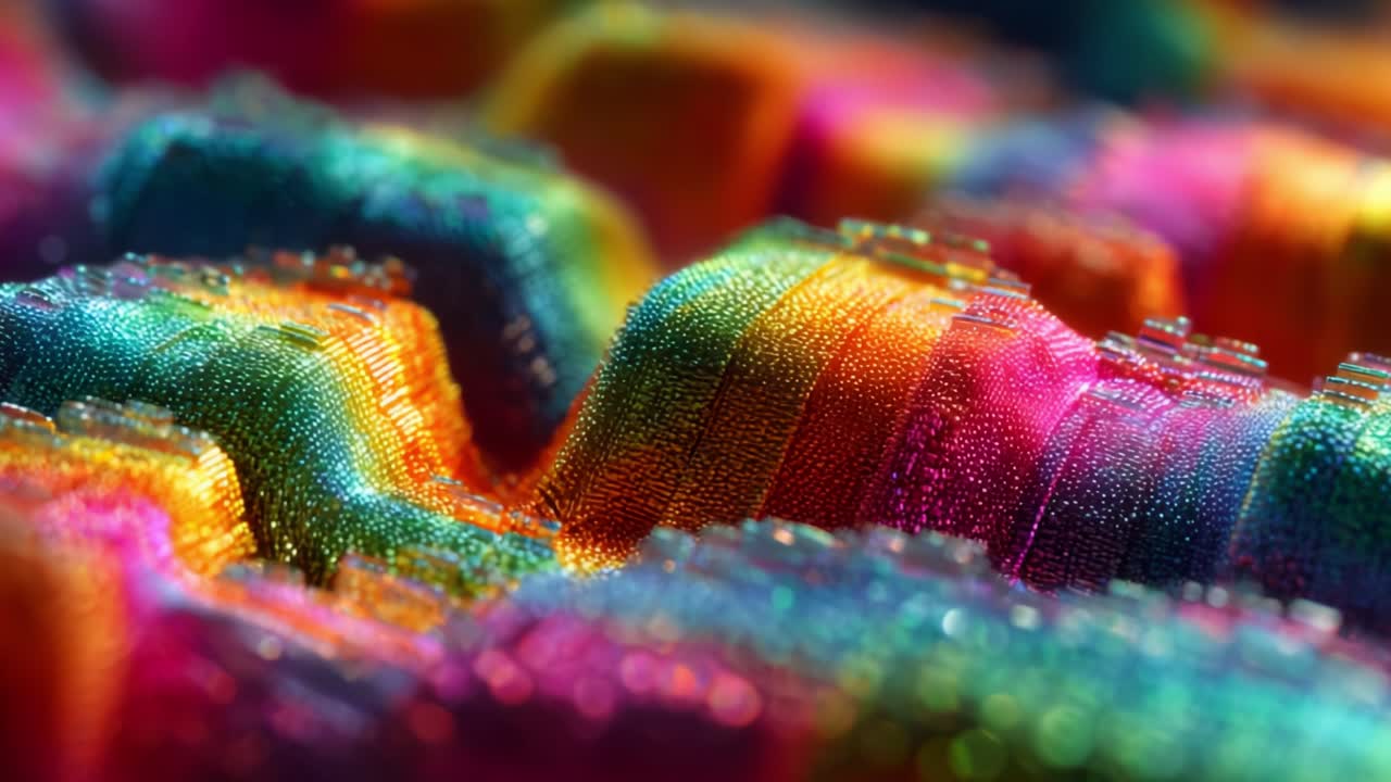 Vibrant Macro View of Colorful Textured Waves Displaying a Spectrum of Colors in an Abstract Composition, Creating a Captivating Visual Experience Filled with Depth and Intricacy