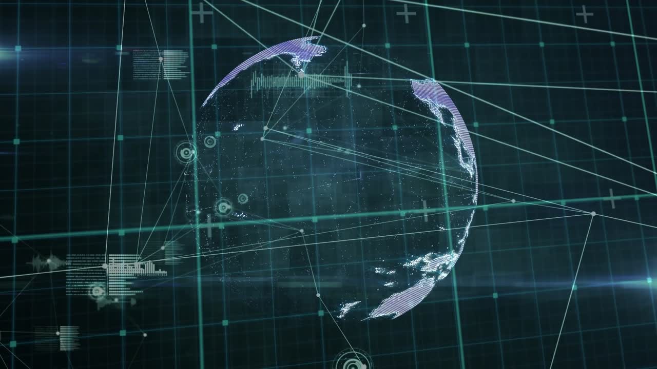 Animation of globe over network of connections with data processing