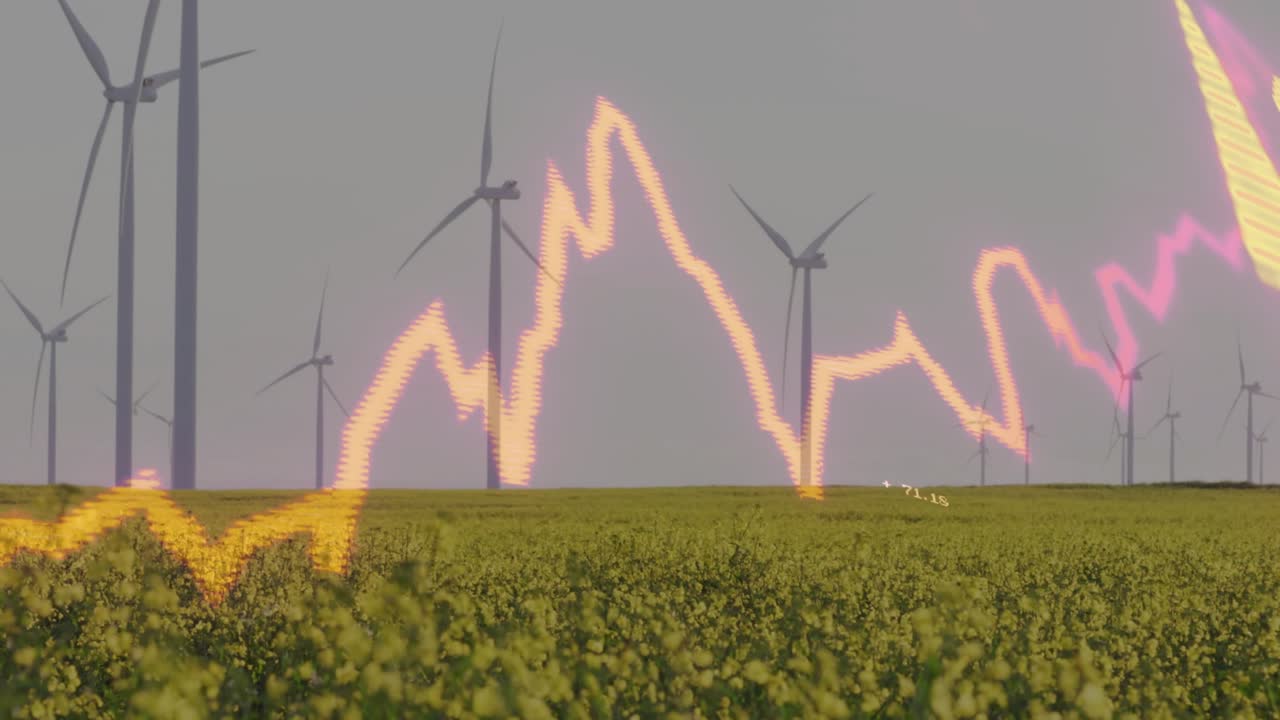 Data feed starting neon graph moving, pulsing labels over field, blade spin showing power trends