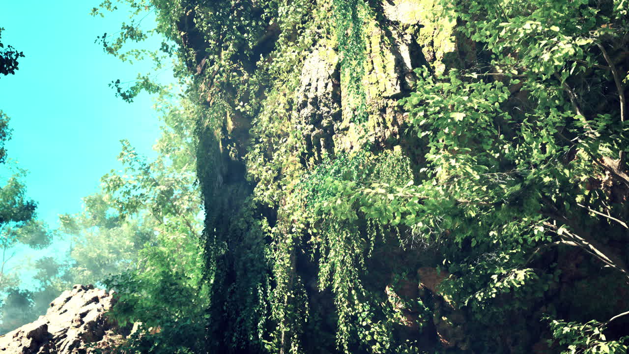 bosque verde exuberante con una cara de roca