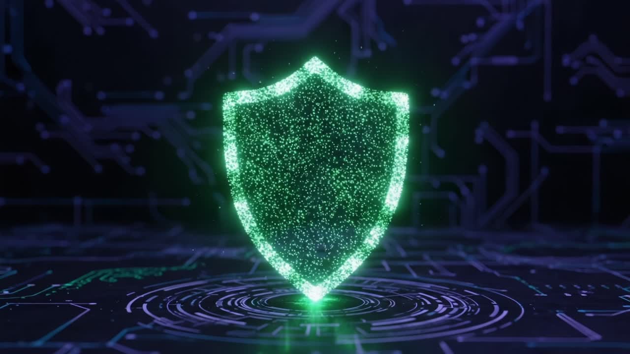 A Stunning Visualization of a Digital Shield Emphasizing Security and Protection in a Tech-Inspired Environment with Glowing Particles and Circuit Patterns