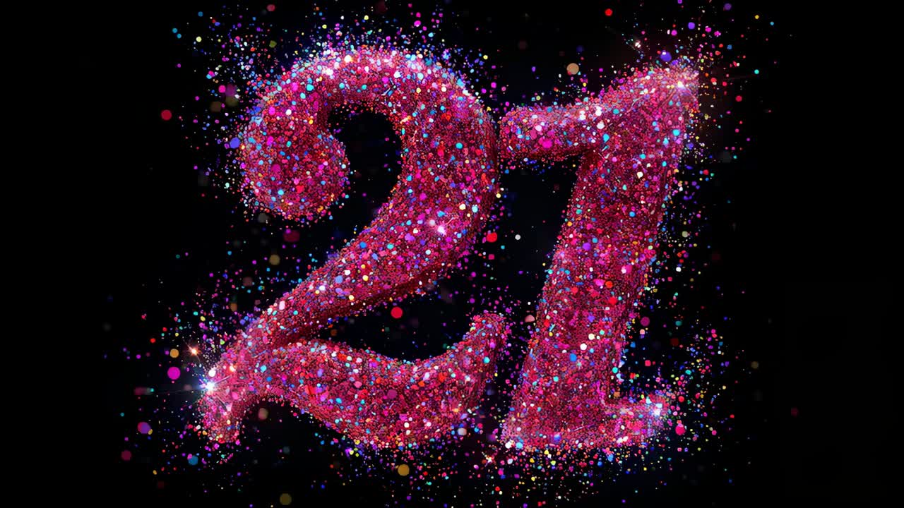 Animating glitter numeral 21 brightening, zooming on dark backdrop, showing star flares for reveal