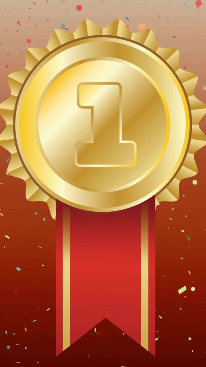 Animazione di coriandoli su una medaglia d'oro su sfondo rosso.
