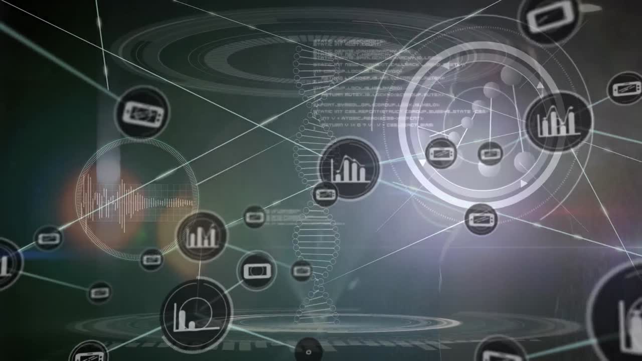 animación de la red de conexiones con iconos sobre el procesamiento de datos