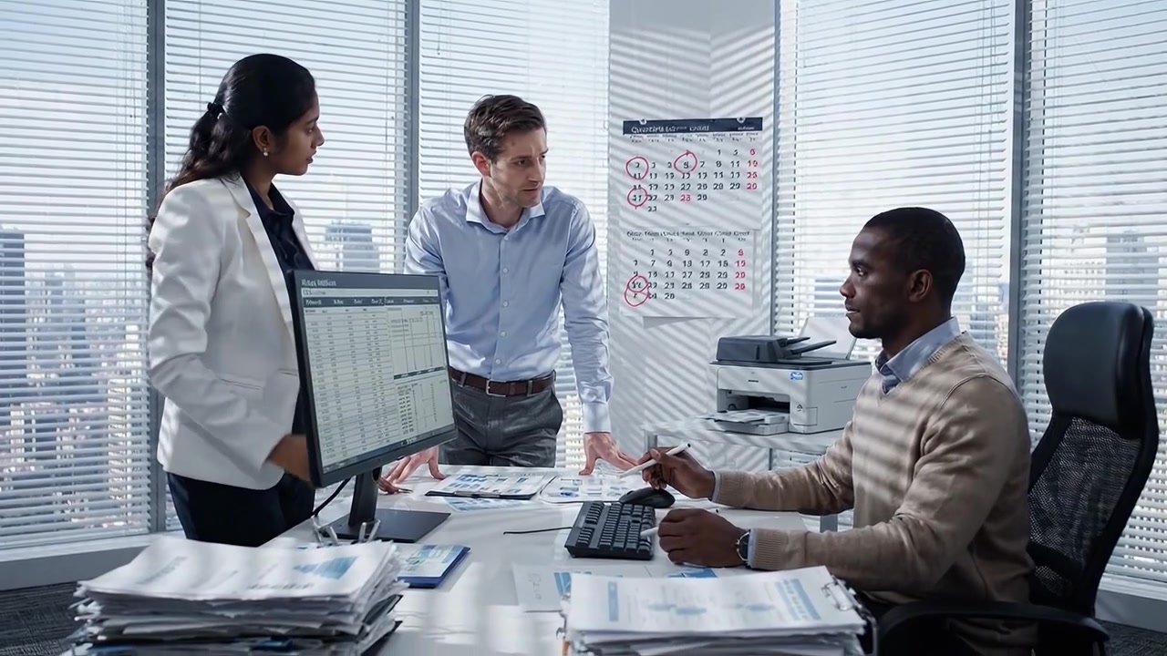Collaboration d'équipe dans un bureau moderne : Des professionnels discutent de stratégies et analysent des données dans un espace de travail lumineux avec vue sur la ville à travers de grandes fenêtres