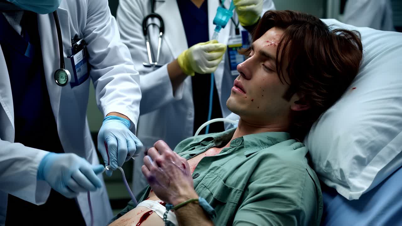 Badly injured young man on a stretcher in a hospital emergency room.