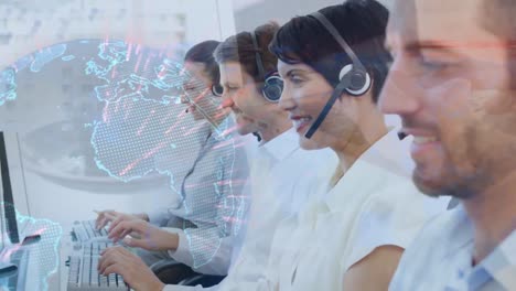 Animation-of-globe-over-business-people-using-phone-headsets