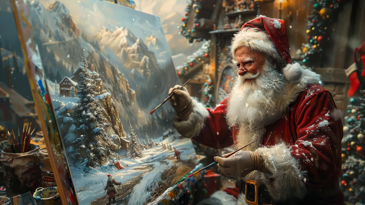 Santa painting a winter landscape scene. Santa Claus creates a detailed winter landscape in a cozy workshop, surrounded by decorations and festive items