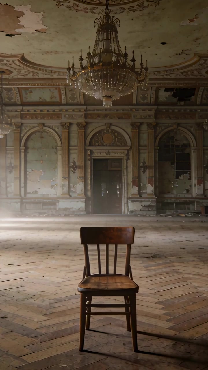 Video verticale: La telecamera che zooma rivelando una sedia di legno in una sala ornata, enfatizzando il degrado e la polvere.