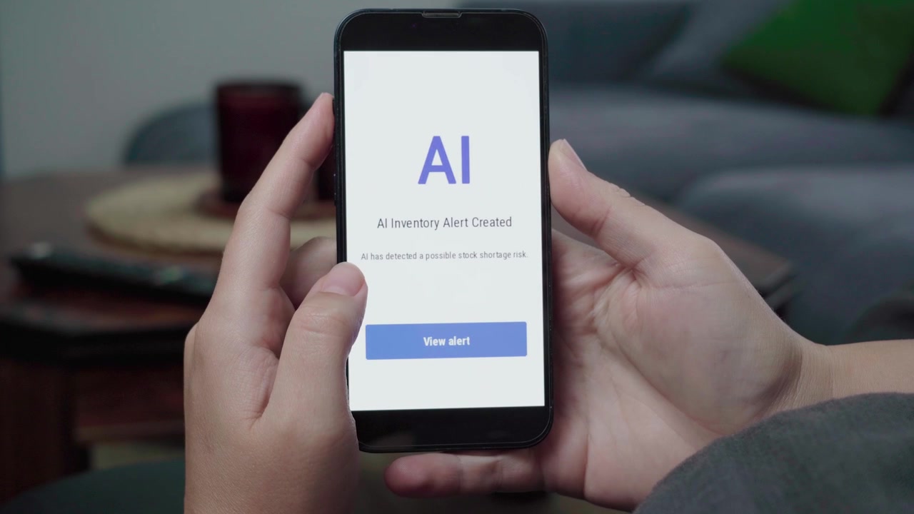 Una persona controlla uno smartphone mentre un avviso di inventario AI segnala una possibile carenza di scorte, con un evidente pulsante di azione blu.