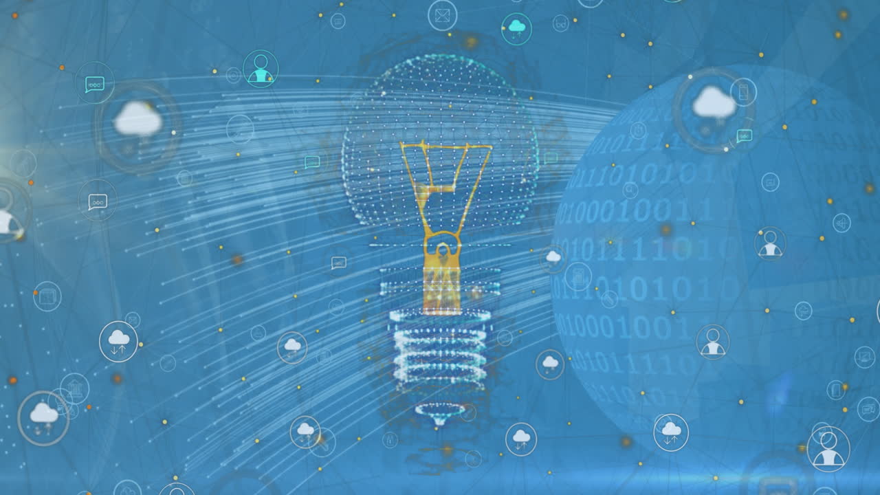 추상적인 배경에 대한 지구상의 이진 코드 위에 3d 전구 위의 아이콘의 애니메이션