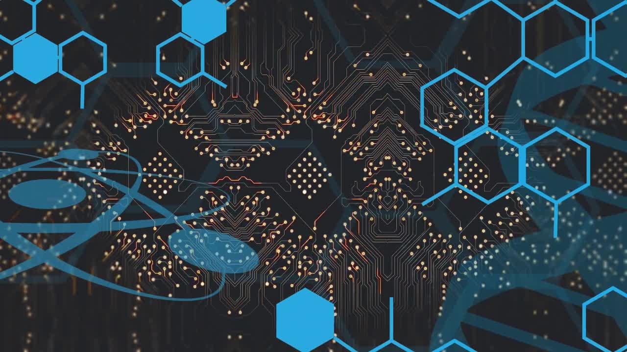 검은 바탕에 있는 컴퓨터 회로판 위의 화학 공식의 애니메이션