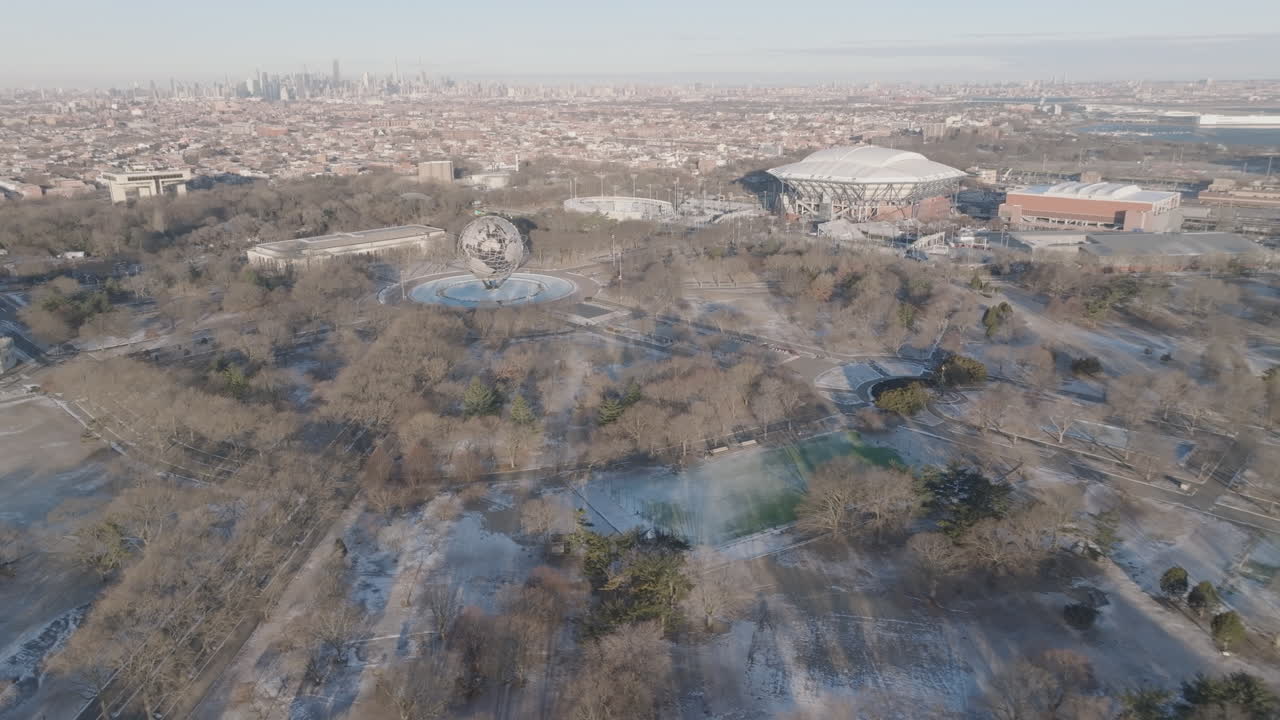 Aerial view of The Unisphere in Flushing Meadows Corona Park. Shot on a winter morning in Queens, New York City.
