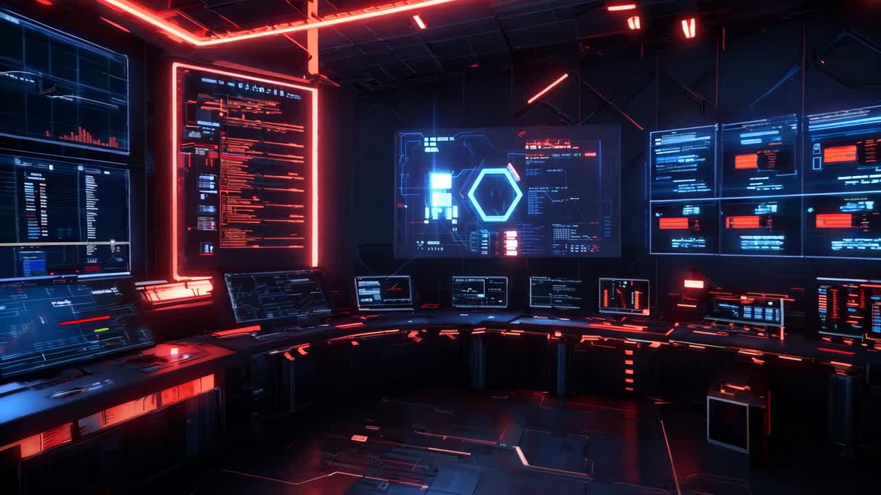 A control room with multiple monitors on the wall