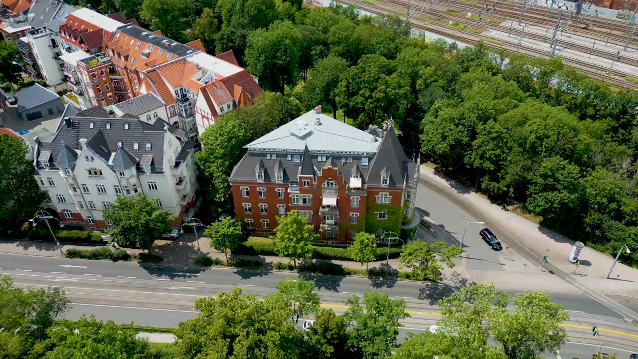 4K Aerial Drone Video of the Train Station in Downtown Erfurt, Germany