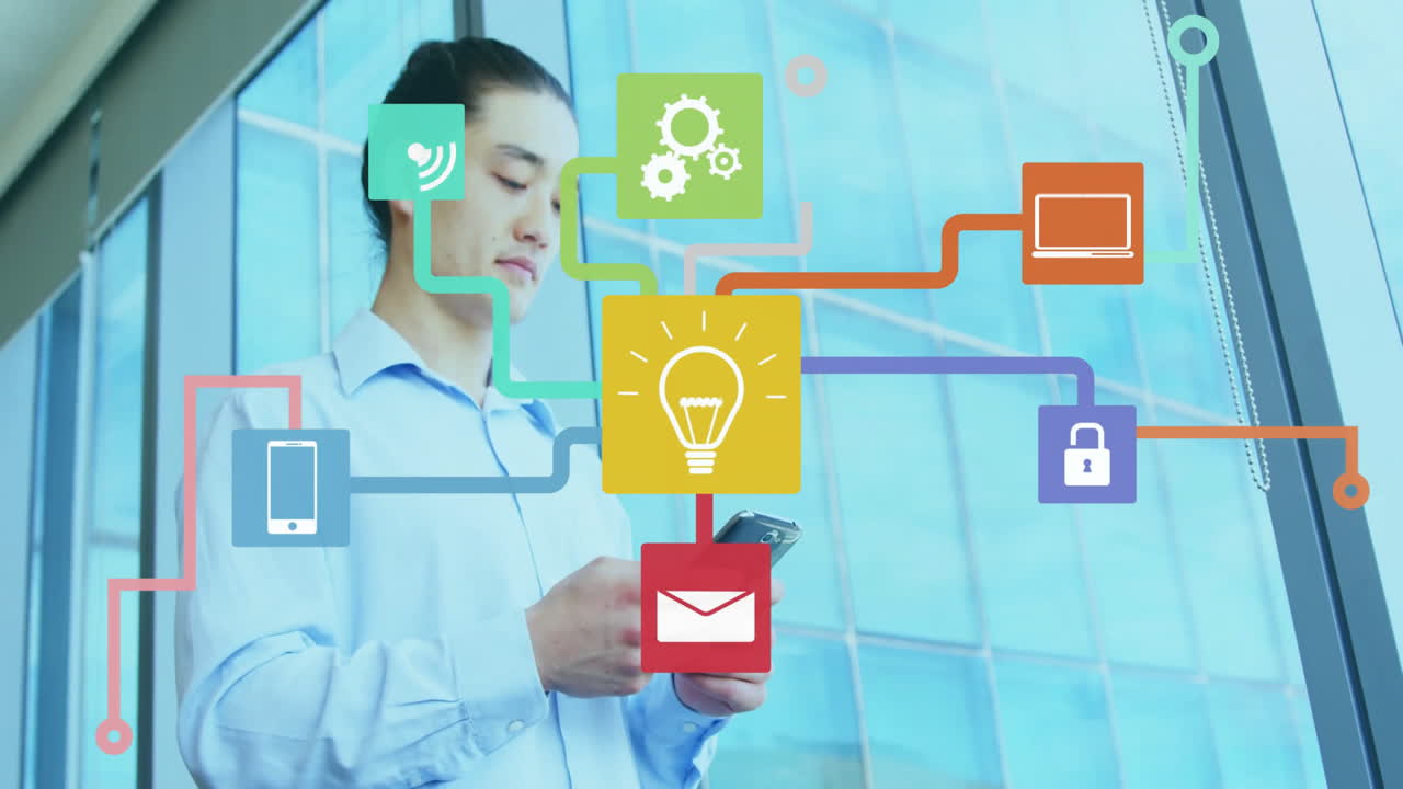 Using smartphone with digital network icons overlay, business professional working