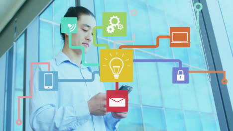 using smartphone with digital network icons overlay, business professional working