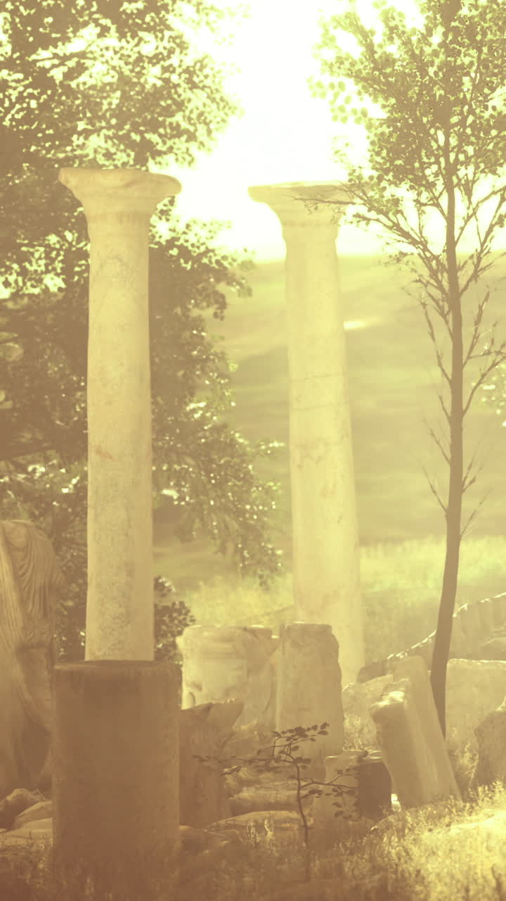 Rovine antiche con colonne spezzate e una statua al tramonto in una zona isolata.
