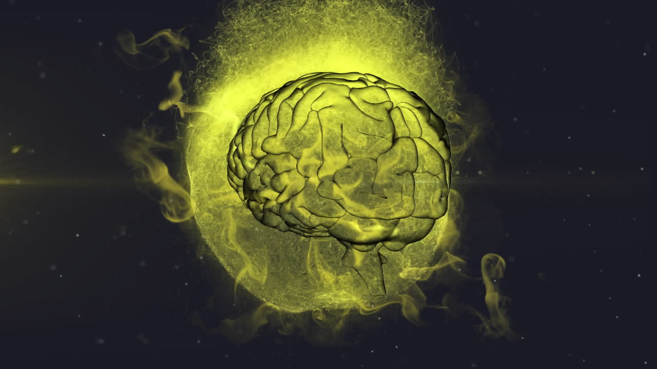 el cerebro humano en 3d gira en un bucle sin costuras sobre el globo explotando con partículas