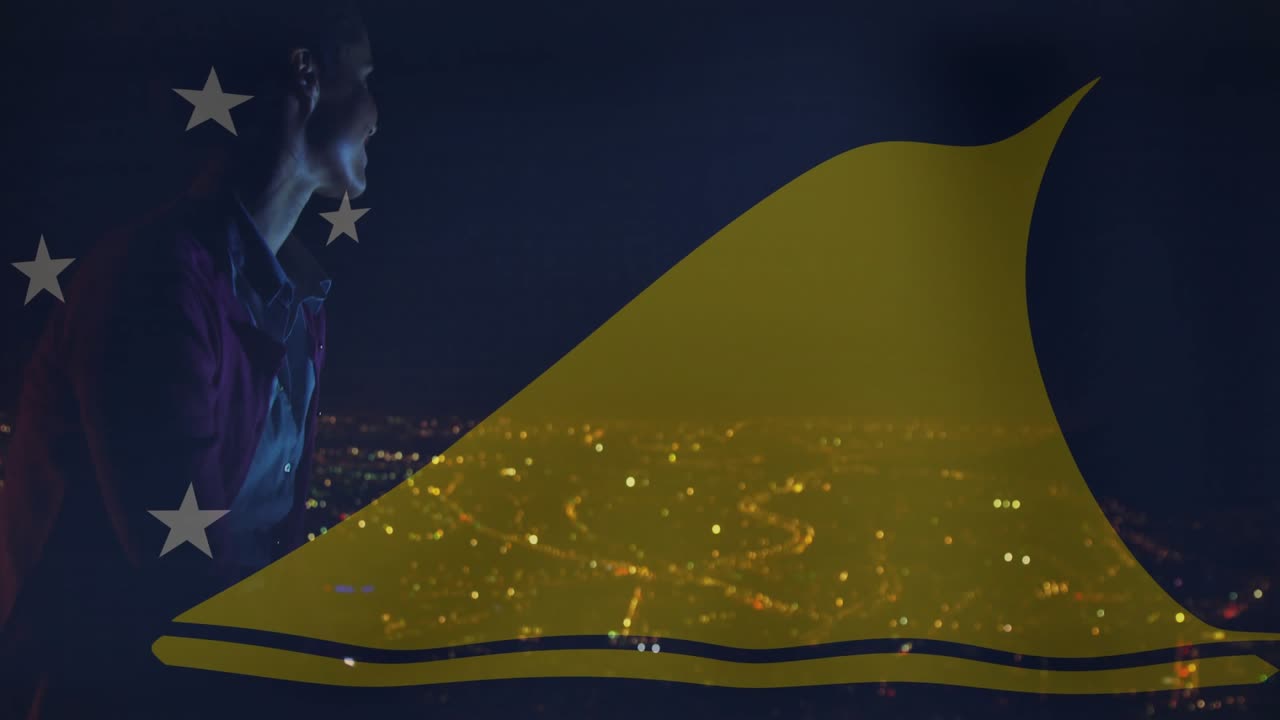 Woman standing in dark, city lights drawing gaze, gold emblem overlaying, stars aligning, branding