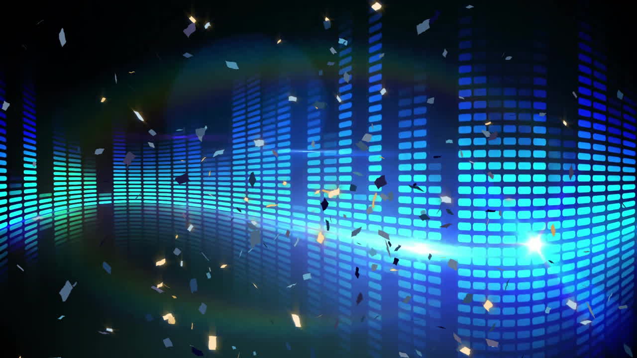 Equalizer bars and confetti animation on dark background, creating lively atmosphere