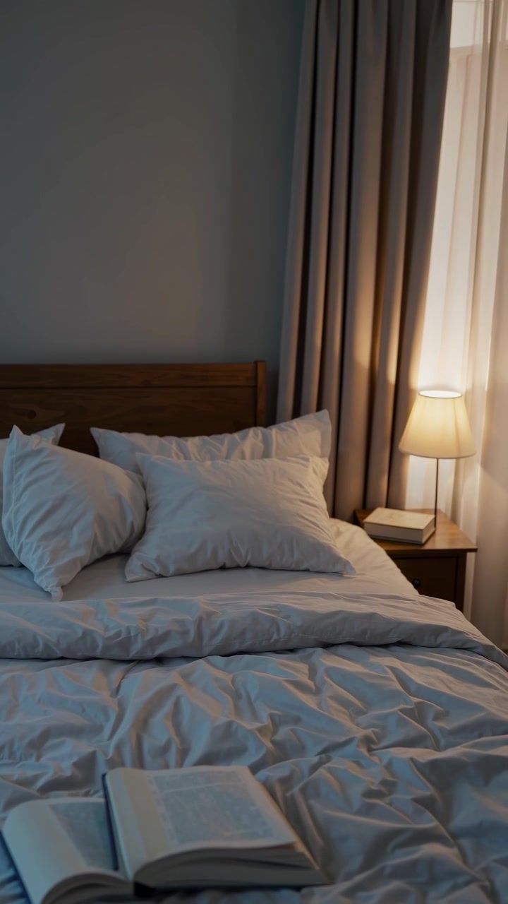 Interior de Quarto Aconchegante com Livro Aberto na Cama e Luz Quente de Abajur