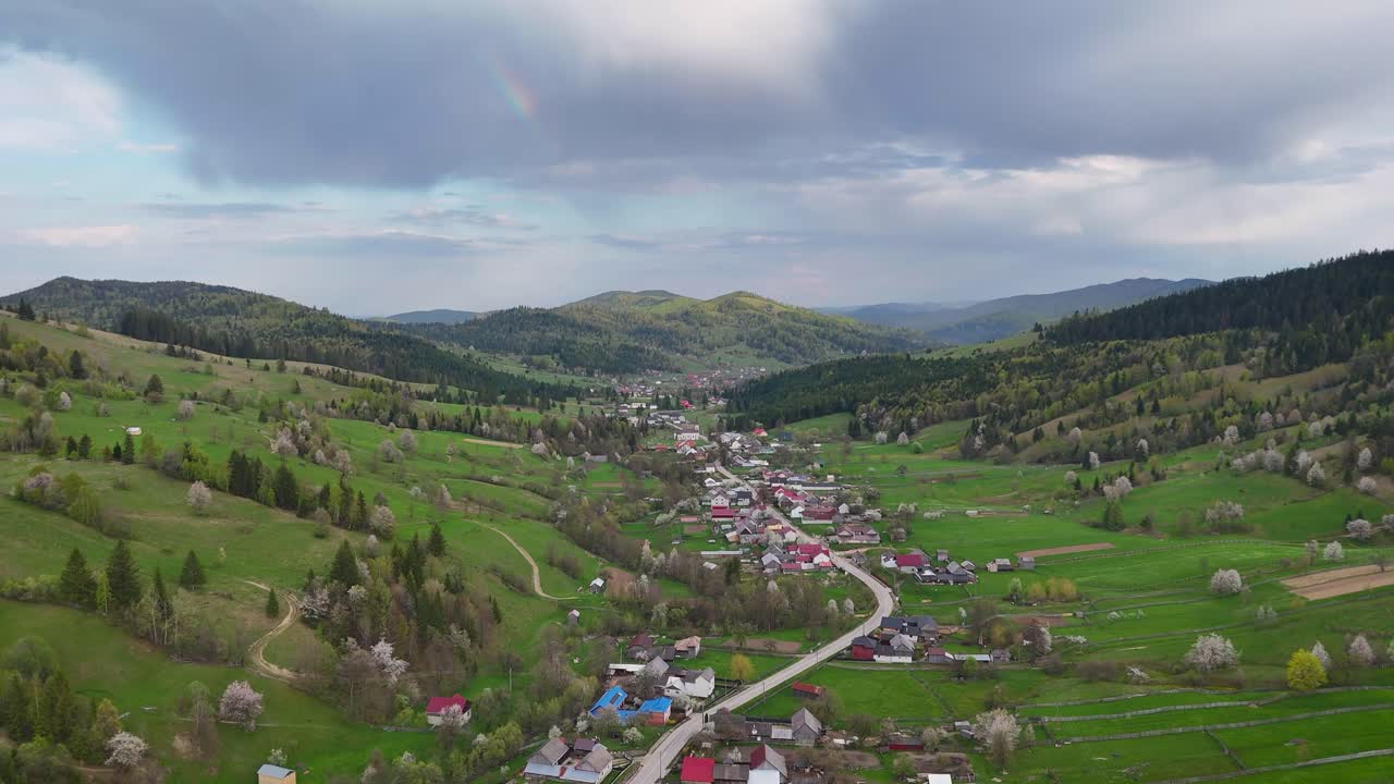 Drone video of Poiana Micului village at sunset