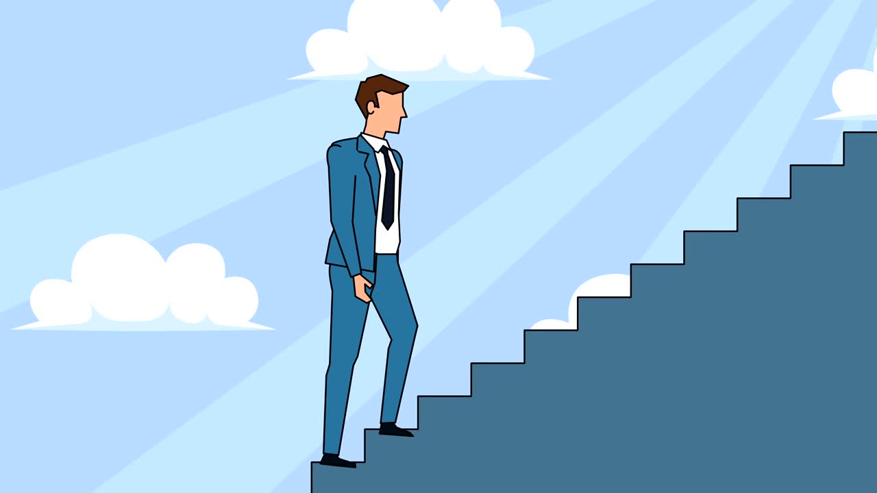 personaje de dibujos animados hombre de negocios plana sube la escalera de la carrera escaleras de animación