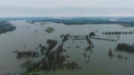 river waal in gelderland inundating surrounding dutch countryside, aerial view