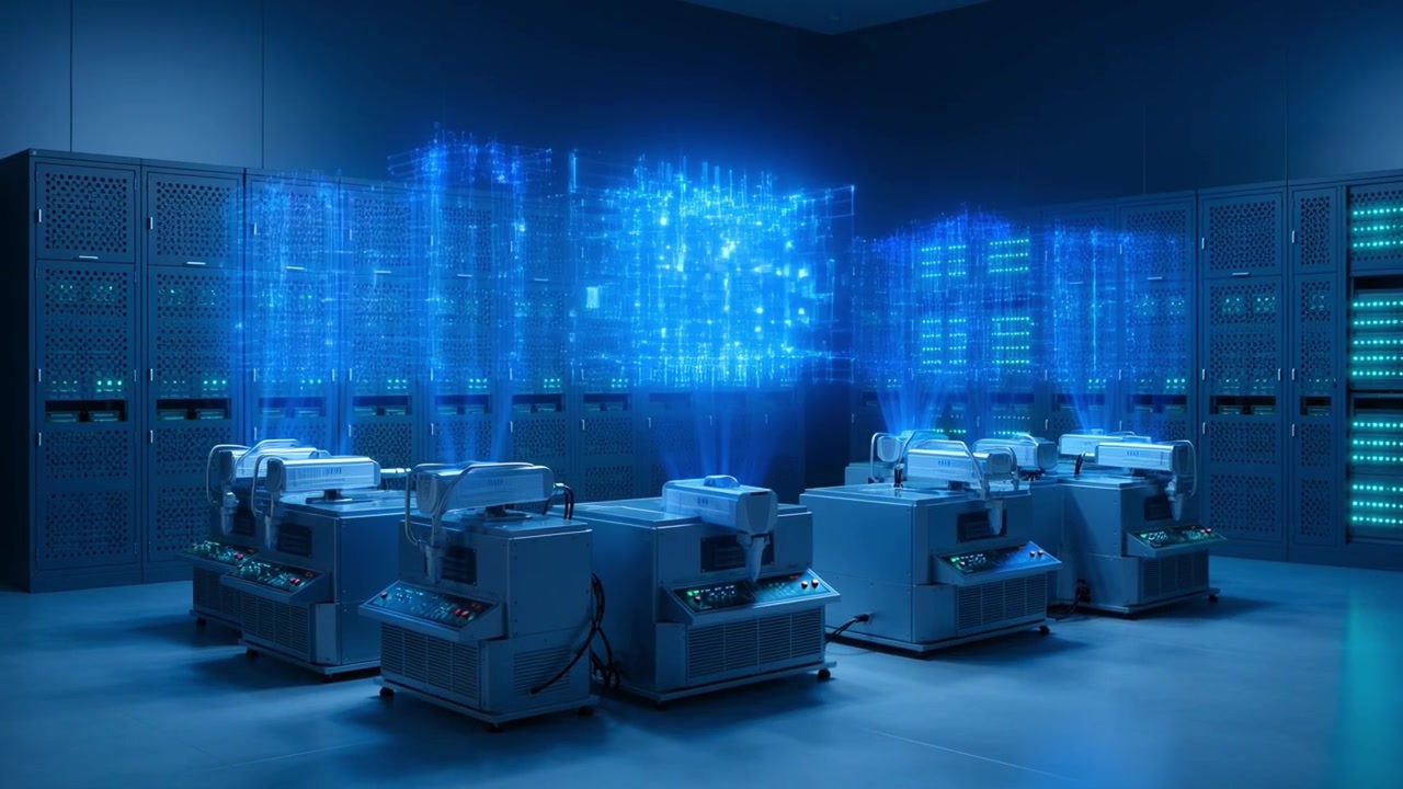 Futuristic Data Center with Advanced AI Processing and Holographic Information