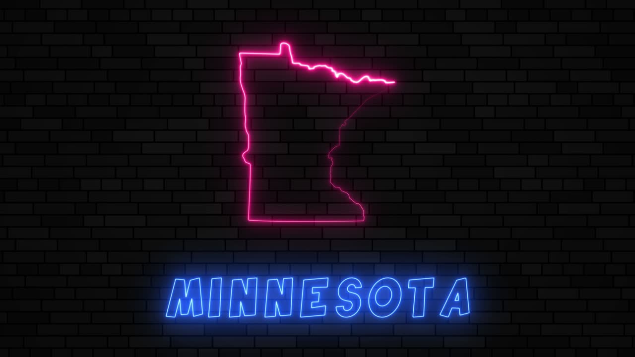 estado de minnesota mapa silueta con línea de neón en un fondo de pared de ladrillo oscuro