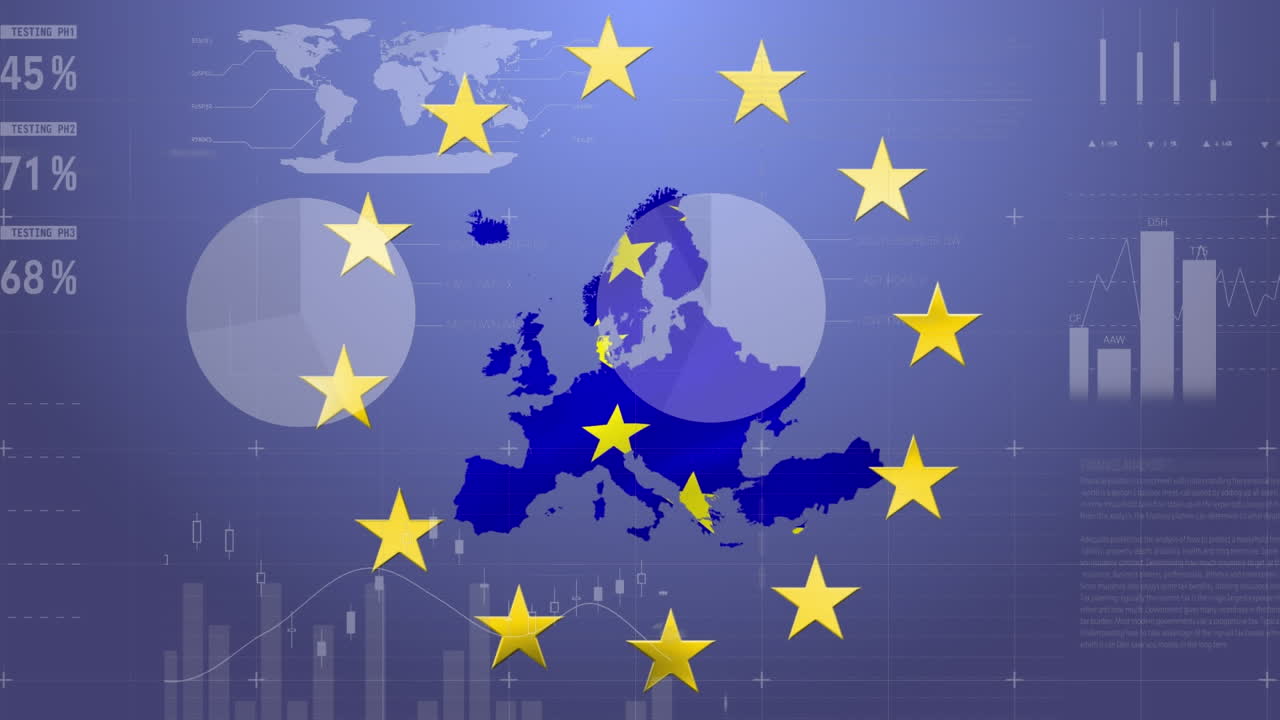 animación del procesamiento de datos financieros sobre la estrella de la bandera de la unión europea