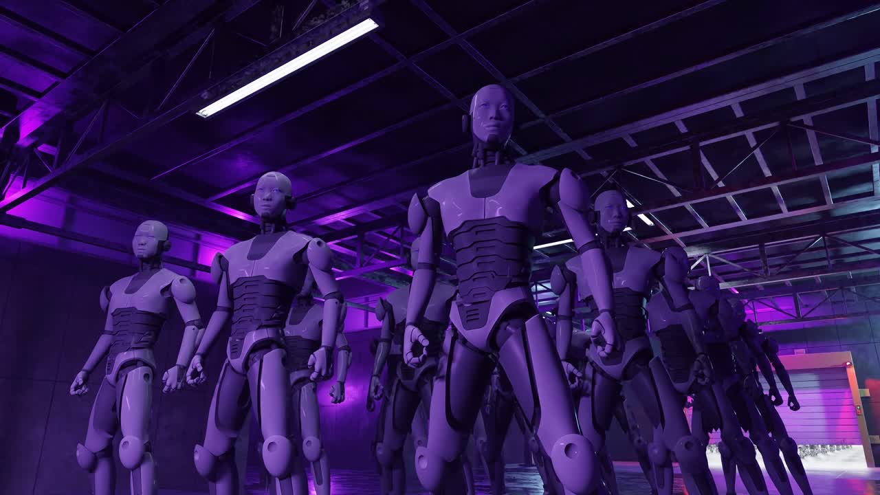 Humanoid robot standing in empty industrial warehouse with warm purple lighting. 3D rendering of artificial intelligence and robotics technology. Future automation and cybernetic system concept