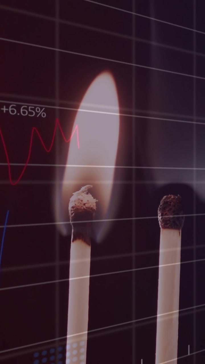 Animation of financial data processing over lit match