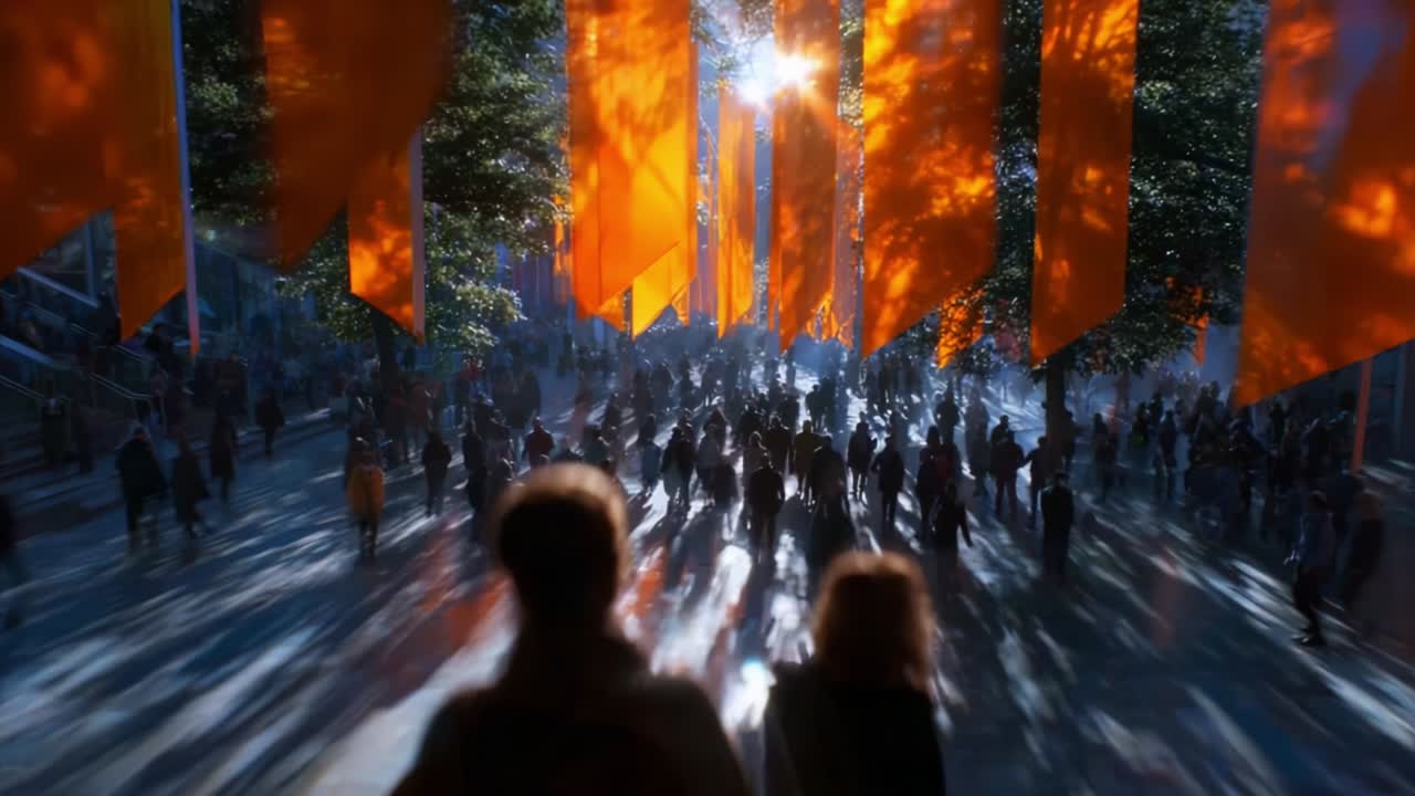 A vibrant urban scene showcasing radiant orange banners suspended in the air, casting intricate shadows over a bustling crowd, as sunlight filters through the foliage, creating a mesmerizing atmosphere of community engagement and exploration