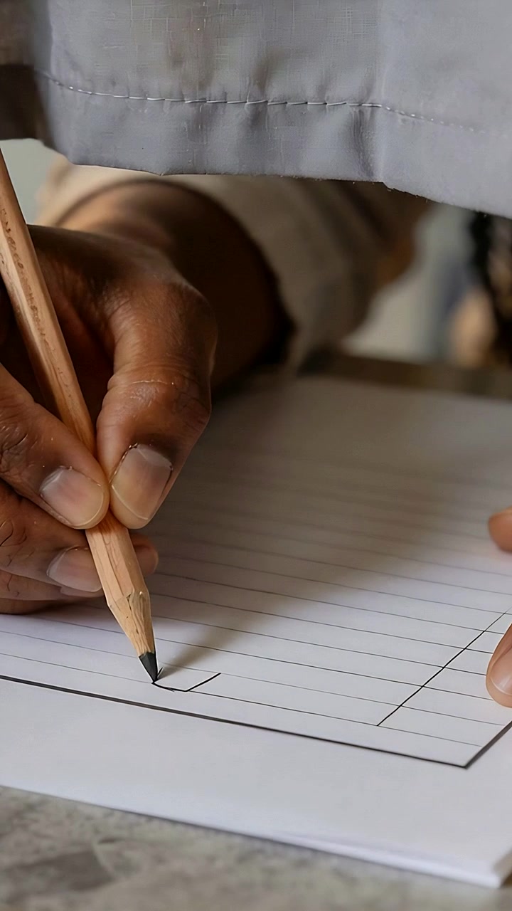 Video verticale: Punta di matita che tocca la carta mentre una mano destra disegna un segno curvo su una scrivania, riempiendo una casella