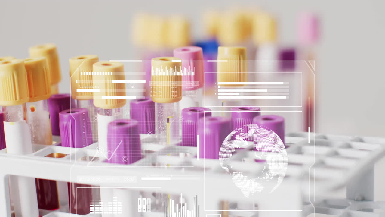 In laboratory, test tubes with colorful caps and digital animation overlaying data