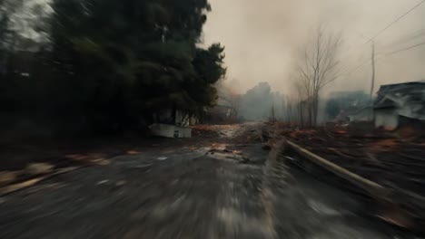 montage of six shots showing the aftermath of a devastating disaster as someone drives through a destroyed town