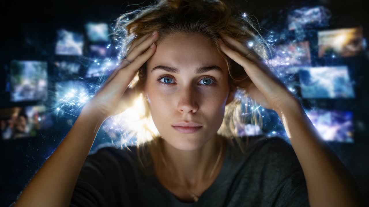 A young woman expresses a feeling of mental overload as she holds her head, with images swirling around her, representing the chaos of thoughts, memories, and distractions that can overwhelm her mind