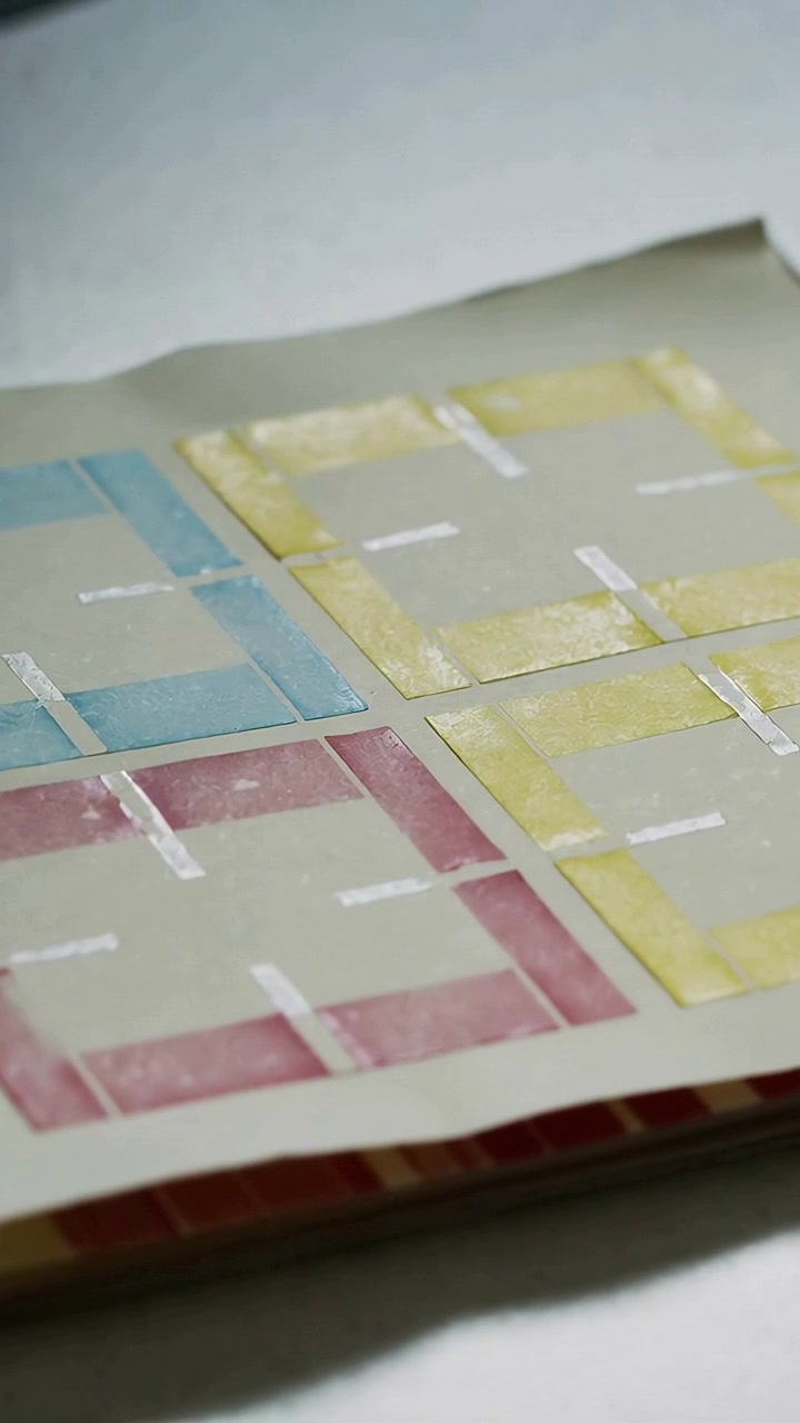 Vertical video: Camera shifting over open notebook on table, showing four painted squares with foil