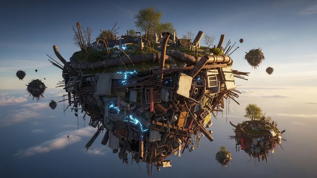 Aerial View of a Futuristic Floating Island with Lush Vegetation, High-Tech Elements, and Complex Structures Against a Bright Sky Background