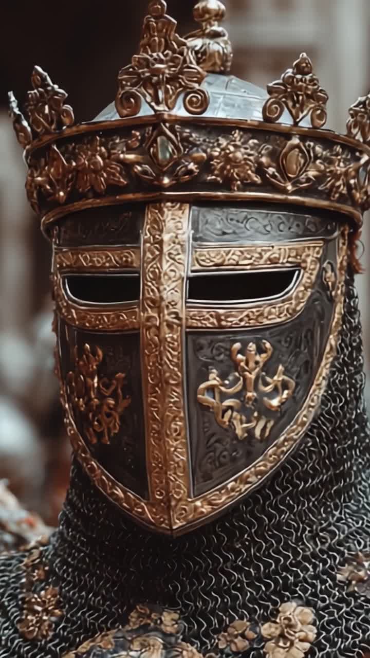 Armatura Intricata da Cavaliere: Una vista ravvicinata di un elmo maestoso con dettagli ornati e una corona regale, che cattura lo spirito della cavalleria e della guerra medievale.
