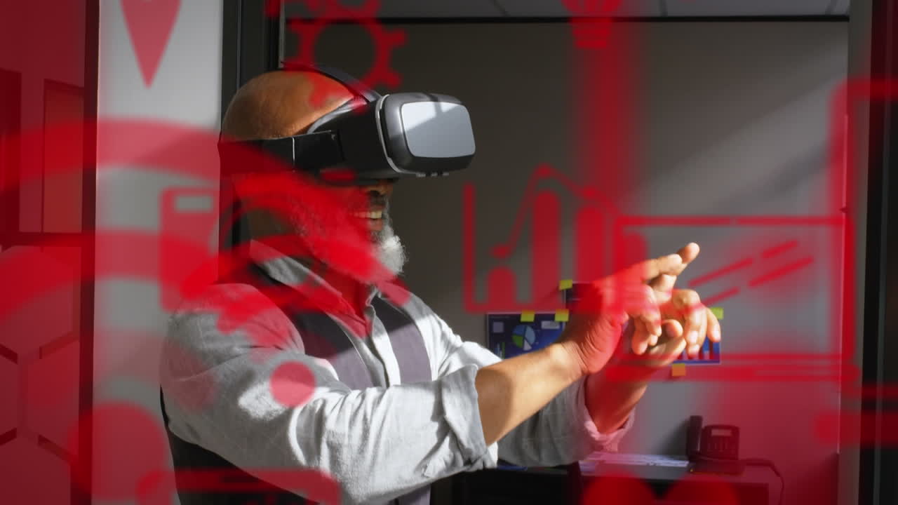 Animazione di icone di social media su un uomo afroamericano che indossa un visore VR